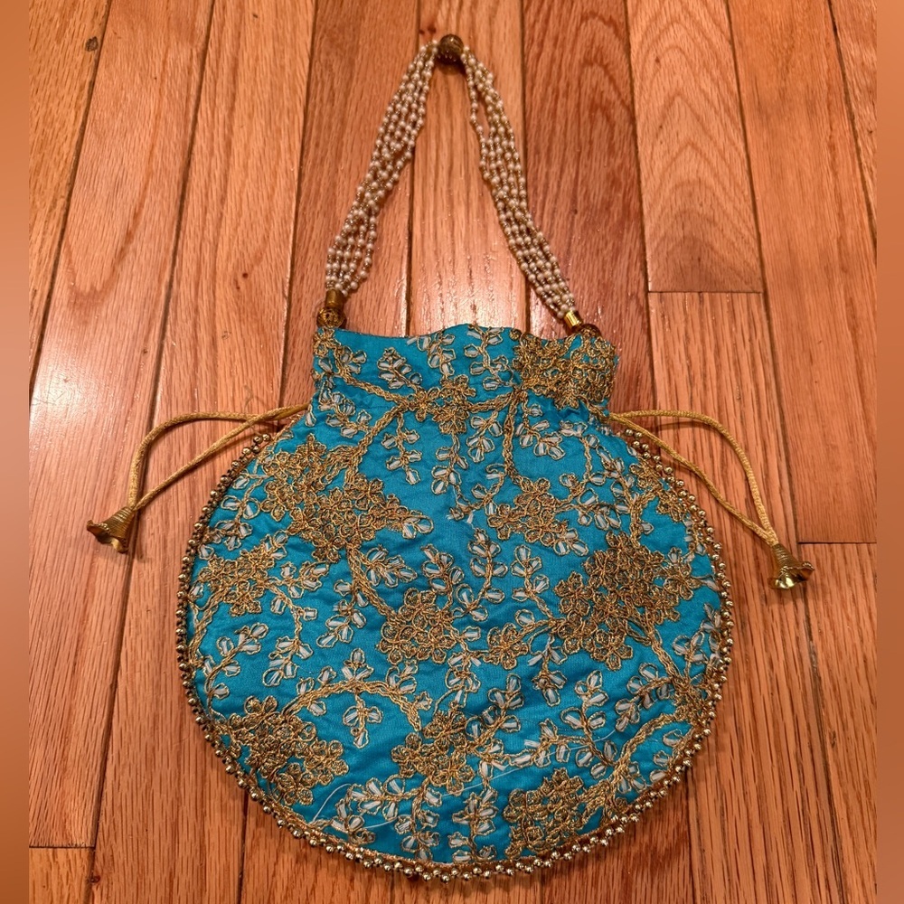 Elegant Blue and Gold Embroidered Women's Asian or Indian Wedding Purse